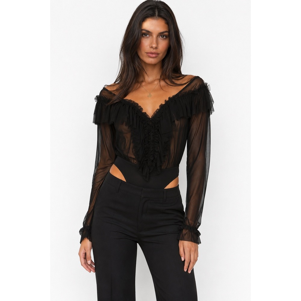 Better Be Womens Black Sheer Mesh Ruffle V-Neck Long Sleeve Bodysuit S NWT